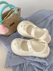 Thin Strip Fairy Style Mary Jane Hole Shoes Closed Toe Half Slippers Womens Summer Outdoor Non-Slip Thick Sole Two-Way Wear Sandals