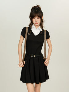 KBVVR | Sweet and Spicy Black Polo Fake Layer Summer School Style Mini Dress