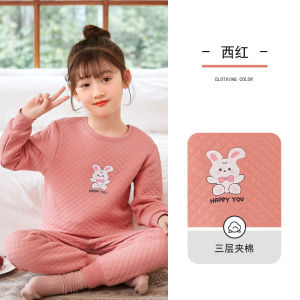 Girls Thermal Underwear Suit Three-Layer Quilted Thickened Childrens Long Johns Top & Bottom Set Class A Purified Cotton Sweater Youth Pajamas