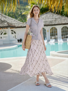 XIANGYING | Checkered A-line Skirt Wooden Edge Design Chiffon