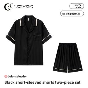 LEZIMENG | Luxurious Silk Short Sleeve Striped Pattern Summer Sleepwear Set for Men