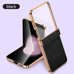 Cowhide Leather Phone Case for Samsung Galaxy Z Flip 7 FE 5G 6 5 Flip7 Flip6 Flip5 Luxury Hinge Back Cover with Tempered Glass