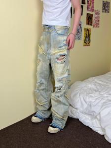 กางเกงยีนส์ขาดๆ สไตล์อเมริกันย้อนยุคสำหรับผู้ชาย กางเกงยีนส์ทรงหลวมๆ สำหรับคู่รัก ทรงลำลอง ฤดูใบไม้ผลิ 2024