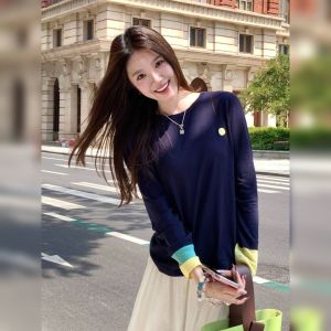 YUFUQING | Retro Korean Style Long Sleeve T-Shirt Women Early Autumn New Lazy Style Unique Top Splicing Color Block Dark Blue Casual Wear