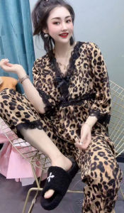 Floral Print Home Clothes Set Womens Three-Quarter Sleeve V-neck Lace Trim Butterfly Knot Long Pants Sleepwear Two-piece Set