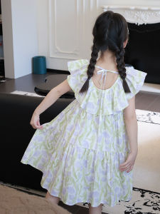 Princess Style Floral Print Cotton Dress for Girls Summer New Arrival Bubble Sleeve Ruffle Hem Childrens Clothing Baby Clothes