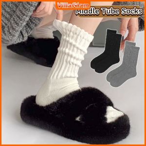 Women Sock Japanese Style Retro Thick Thread Solid Color Middle Tube Socks