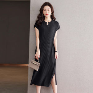 Rayon Knitted Dress Womens Short-Sleeved Loose Slimming V-Neckline Long T-shirt Skirt Fashionable Stylish Slit Overknee Long Dress
