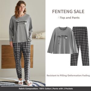 FENTENG | Cotton Long Sleeve Sleepwear Set Anti-Static