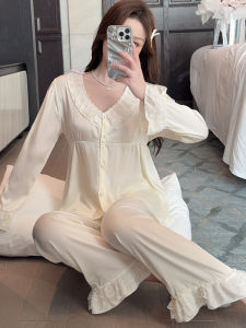 Áo Ngủ Dài Tay Thanh Lịch Cho Nữ Mùa Xuân Thu Bằng Lụa Băng Ice Silk Cổ Chữ V Có Nút Áo Ngủ Dài Tay Gợi Cảm Cho Nữ Mùa Xuân Thu