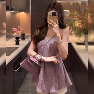 BINKAFENNY | ชุดเดรสคอวีประดับเพชร แขนกุด กระโปรงสั้น สำหรับผู้หญิง ชุดทำงาน ฤดูร้อน แฟชั่นสุดเก๋ ความยาวเข่า เดรสสีม่วง