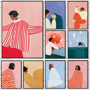 Red & Pink Striped Women Canvas Prints Minimalist Lines Smallest Portrait Illustration Art Posters for Living Room Home Decor