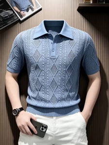 Lattice Cutout Stylish Thin Knitted Polo T-Shirt for Men