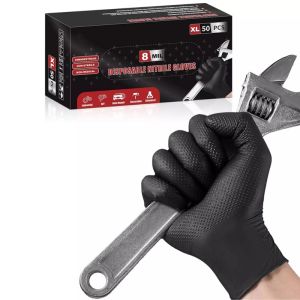 8Mil Heavy Duty Black Nitrile Gloves Disposable Gloves with Raised Diamond Textured Industrial Auto Mechanics Gloves Latex Free