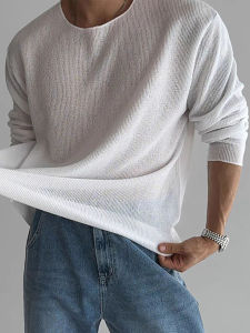 เสื้อยืดชายแขนยาวถักลูกไม้สไตล์ลำลอง คอต่ำ ทรงหลวม ใส่สบาย ผ้าโมดอล แฟชั่นฤดูร้อน เสื้อผ้าทำงาน