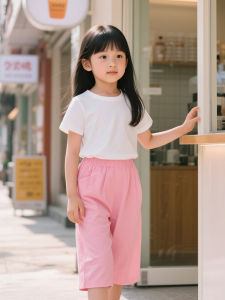 Summer Cotton Blend Girls Pants Casual Loose Fit Seven-Foot Length Classic Solid Color Suzuki Brand Kids Fashionable Trousers