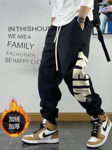 plus Size Mens Fleece Lined Thickened Harlan Sports Pants Loose Fit Casual Trousers Autumn Winter Style Letter Print Cuffed