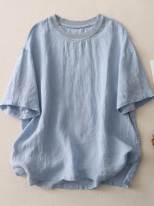 Japanese Style Artistic Cotton Linen Short Sleeve T-Shirt Womens Summer Simple Match Loose Casual round Neck Linen Top