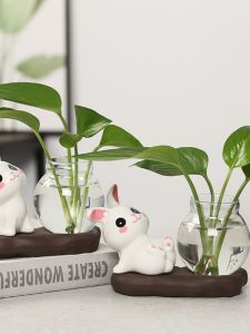 Home Decoration Hydroponic Flower Bottle Ceramic Rabbit Desktop Decoration Supplies New Rabbit Green Radish Flower Arrangement Container