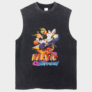 American Style Mens Vest Summer Washed Naruto Ninja Sleeveless T-Shirt Loose Fit Cotton Breathable round Neck Sweat Vest