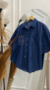 Meltz.id - Atasan Kemeja Jeans Oversize Bordir Lengan Pendek Wanita Dewasa
