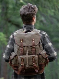 Retro Style Large Capacity Canvas Backpack Pepper Salt Oil Wax Hiking Bag Double Shoulder Strap Mountain Climbing Computer Bag