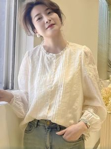 Lace Trim Loose Fit French Style Fashionable Long Sleeve Shirt White