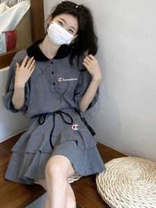 Cute Champion Summer College Style Student Casual Fashion Polo Neck Color Block Short Sleeve T-Shirt Skirt Two Piece Set