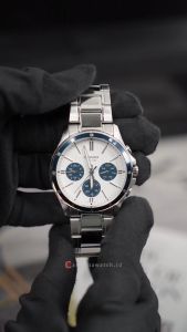 Jam Tangan Pria Casio Chronograph MTP-1374D-7A2 Blue Bezel White Dial Silver Stainless Steel Band