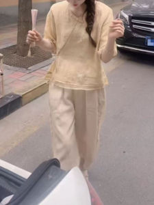 Shalldoer | Bộ đồ hai mảnh phong cách Trung Hoa mới cho nữ mùa hè 2025 Áo chống nắng cổ tròn tay ngắn quần ống đứng thường ngày