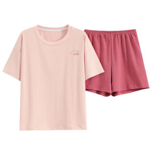 Miiow | Cat Person Womens Summer Sleepwear Set Thin Cotton Short Sleeve Shorts Home Clothes Antibacterial Cute Embroidery Pattern