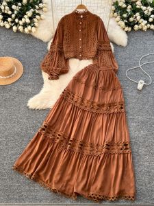 Bộ Đồ Hai Mảnh Nữ Tính Mùa Thu Đông Cao Cấp Váy Nửa Thân Ngắn Tay Đèn Lồng Eo Cao Ren Ghép Nối Thời Trang