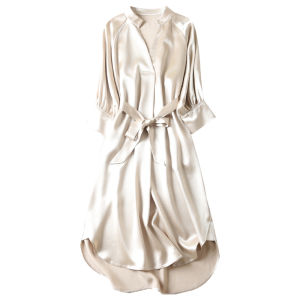 Silky Satin Long Dress Autumn New Style Loose Midi Skirt Smooth Draping High Waist V-Neck H-Shape Solid Color Commute Lady Dress