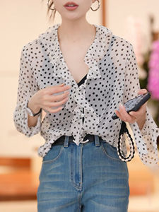 Retro Hong Kong Style Ivory Polka Dot Chiffon Shirt Womens Summer New Lotus Leaf Edge Top Korean Version Commute Style