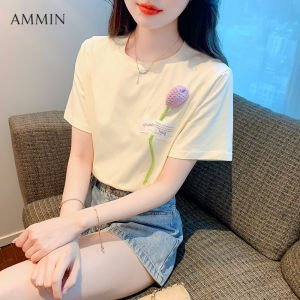 AMMIN 2023 new loose three-dimensional flowers embroidered cotton T-shirt summer new ins female students short-sleeved letter print tops