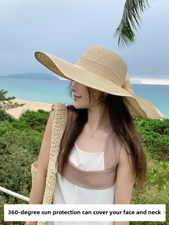 Summer%20Womens%20Sun%20Ultra%20Large%20Brim%20Foldable%20Sunscreen%20Beach%20Vacation%20Hat%20Casual%20round%20Top%20Youth%20Suitable%20Butterfly%20Knot%20-%20Image%204