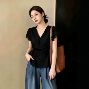 Slimming V-Neck Short Sleeve Chiffon Shirt