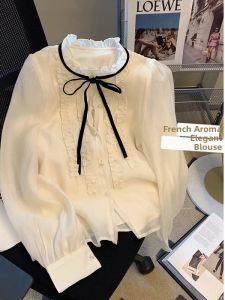 Spring French Style Elegant Bow Trim Ruffle Collar Blouse
