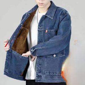 Áo Khoác Denim Dày Lót Lông Cừu Cho Nam Dáng Rộng Cỡ Lớn Mùa Đông Ấm Áp Làm Việc Phong Cách Nhật Bản Áo Khoác Ngoài Thường Ngày