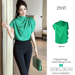 เสื้อผ้าผู้หญิงออร่าแขนสั้นสีเขียวขาวเสื้อทรงหลวม35092ใหม่ฤดูร้อน2025