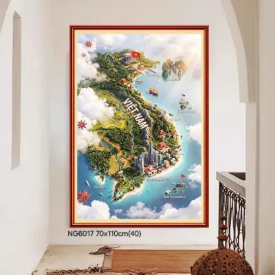 Tặng kéo + xỏ chỉ - Tranh thêu chữ thập Bản đồ Việt Nam- KT:70x110cm_ chưa thêu