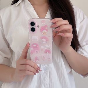 Sanrio | Kawaii My Melody Cartoon Sticker Phone Case Transparent Clear Soft Cover For iPhone 15 16 17 Pro Max Lovely Pink Anti-drop Cover