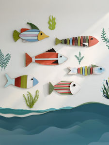 ตกแต่งผนังรูปปลาสไตล์ทะเลเมดิเตอร์เรเนียนแบบย้อนยุคสำหรับบ้านพักช่วงวันหยุดและโรงแรม วัสดุไม้ ฝีมือการทาสี