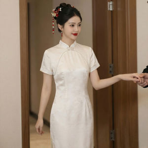Youthful Styled Mandarin Collar Slim Fitted Short Sleeve Pure Color Modern Qipao