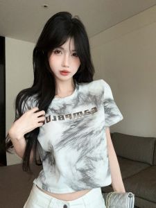 GUZILIAN | American Style Short Sleeve Tie Dye Heavy Work T-Shirt Women Summer Casual Hollow Out Design Short Length Fashion Top
