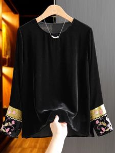 New Chinese Style Heavy Work Long Sleeve Velvet T-Shirt Womens Spring Autumn Loose Versatile Base Shirt Casual round Neck Top