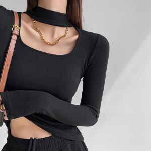 French Style Square Collar Neckline Black Base Shirt Womens Autumn Winter Fashion Inner Wear Show off Shoulder Top T-Shirt