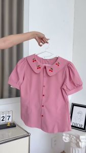 Áo sơ mi nữ thêu hình cherrry cổ tròn tay ngắn thời trang Gloria shop