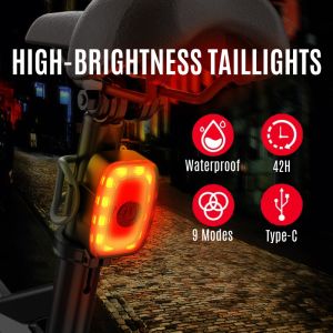 9 Model Bicycle Tail Light Type-c Rechargeable Red 15 LED Bright Taillight Warning Bike Rear Lamp Outdoor Highlight for Road MTB