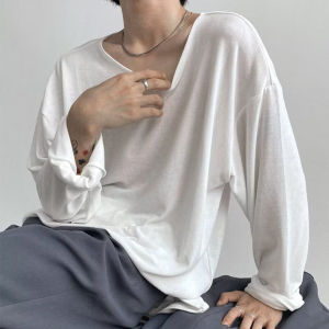 Internet Celebrity Very Fairy Blouse Mens Cut Out Knitting Wool Feel Long Sleeves T-Shirt Loose Shoulder Low Collar Sun Protection Clothing Fashion